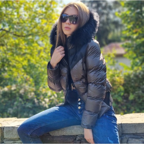 Дамско пухено яке с качулка, City Angels Jeans, Кафяво, 6829